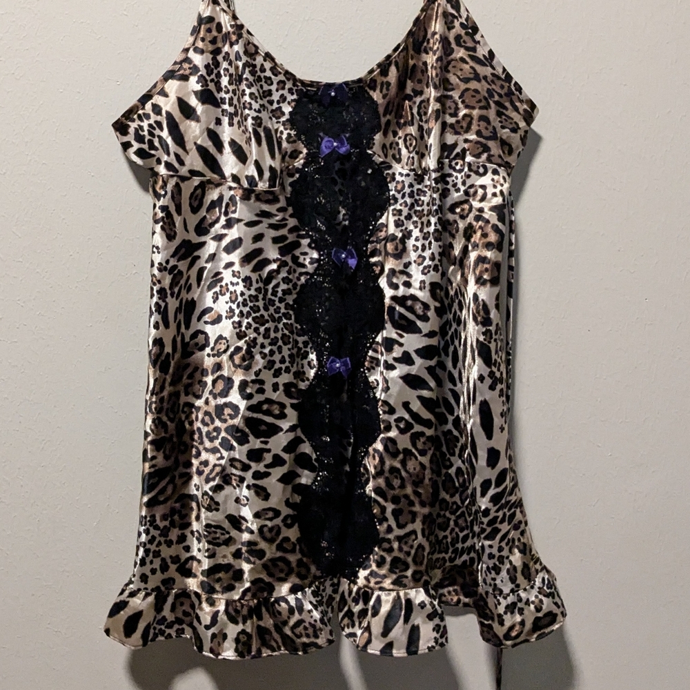 In Bloom by Jonquil Leopard Chemise Baby Doll Lace Purple Front Detail Sz M